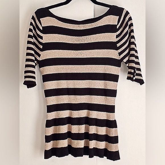 White House Black Market Tops - White House Black Market Cut Out Gold Black Shimmer Stripe 3/4 Sleeve Sweater L